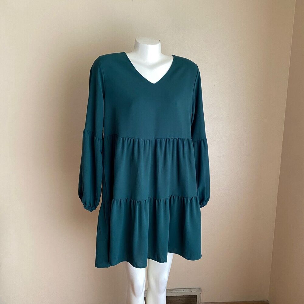 Large Forest Green V Neck Midi Dress Bell Sleeve Tier Boho Swing Dress Light